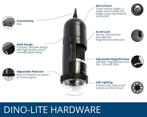 Vista 3 de Dino-Lite Microscopio digital VGA AM4116ZT - Resolución de 800 x 600, 20x - 50x, aumento óptico 200x, luz polarizada, no necesita software - Conecte