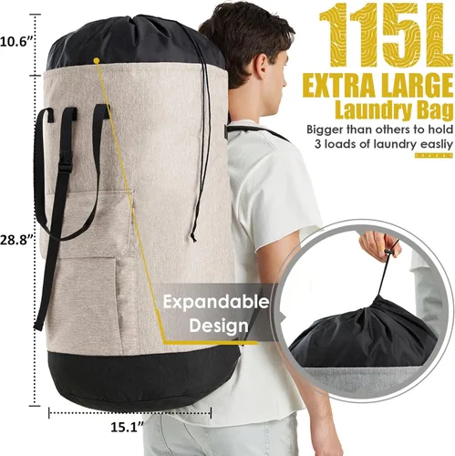 Vista 3 de Bolsas de lavandería extra grandes y resistentes, mochila de lavandería universitaria de 115 litros, bolsa de lavandería grande con correas