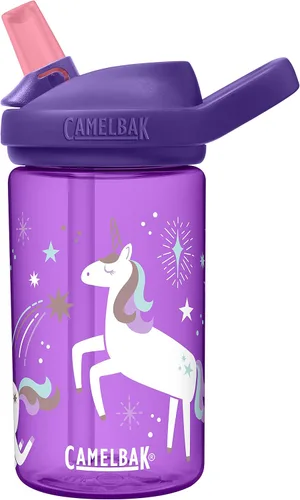 CamelBak eddy+ Botella de agua para niños de 14 onzas con Tritan Renew – Parte superior de pajita, a prueba de fugas cuando está cerrada, unicornios