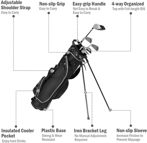 Vista 9 de Bolsa de golf portátil para palos de golf con 4 divisores de direcciones, 4 bolsillos, correas de hombro ajustables, bolsa de golf para lápices