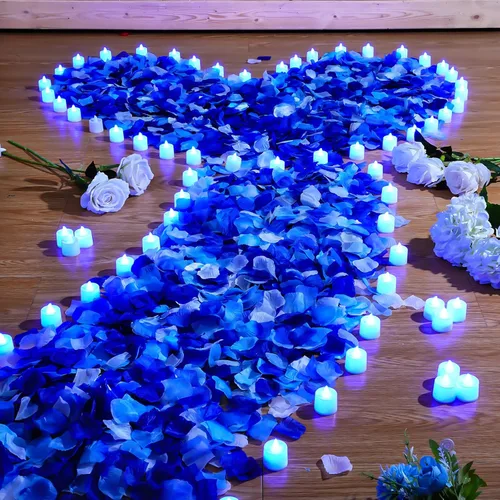 Vista 9 de Coume 6000 pétalos de rosa artificiales con 72 velas LED sin llama, decoraciones románticas, velas falsas, decoraciones de aniversario para el día