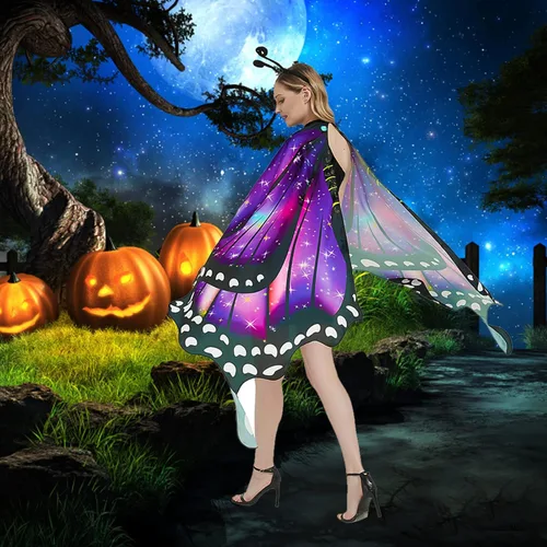 Vista 6 de Disfraz de alas de mariposa para mujer, alas de hada, disfraz de Halloween, capa de mariposa con máscara y diadema de antenas