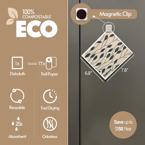 Vista 3 de Eulnars - Toallas de papel reutilizables, paquete de 8 paños de cocina suecos con 3 clips, negro y blanco, algodón, 200 lavados