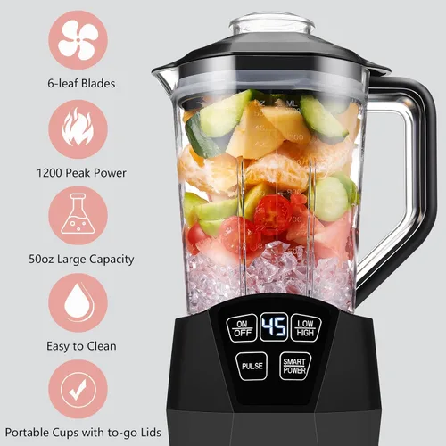 Vista 2 de Licuadora personal con 1200 W de pico de vatios, tecnología inteligente para bebidas congeladas, batidos, batidos y salsas, con dos tazas