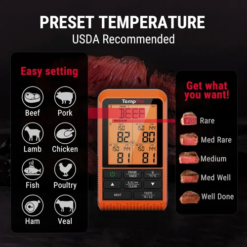 Vista 6 de ThermoPro TP829 - Termómetro inalámbrico de carne digital de 1000 pies para asar y ahumar, 4 sondas de carne, termómetro de parrilla para parrilla
