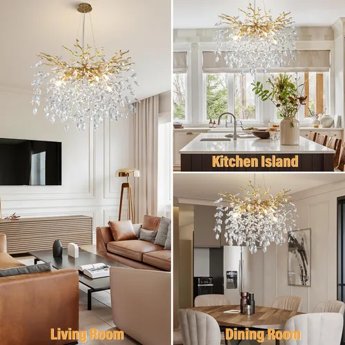 Vista 2 de YUYI 23.6" Candelabro moderno de oro con ramas de árbol de cristal, iluminación redonda de gota de lluvia de 8 luces para comedor, sala de estar