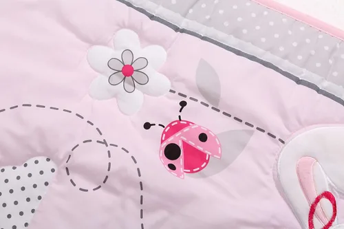 Vista 6 de Juego de ropa de cama de 7 piezas de conejito floral rosa para cuna de bebé, niña, flor, mariquita, nube, conejito