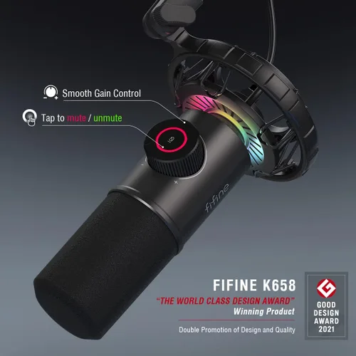 Vista 3 de FIFINE Micrófono USB para juegos, micrófono dinámico RGB para PC, con botón de toque para silenciar, micrófono cardioide Plug & Play con conector