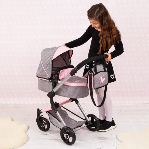 Vista 11 de Bayer: Cochecito versátil City Vario - Gris y rosa con mariposa para muñecas de hasta 20 pulgadas con mango ajustable y funcionalidad reversible