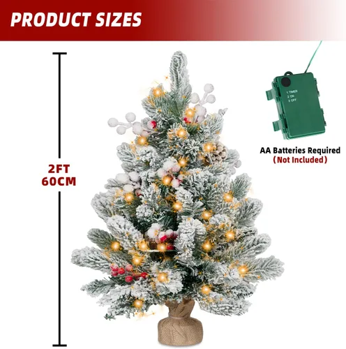 Vista 3 de ININ Mini árbol de Navidad preiluminado de 2 pies con nieve artificial, árbol de Navidad artificial de mesa con luces LED, pequeño árbol de pino