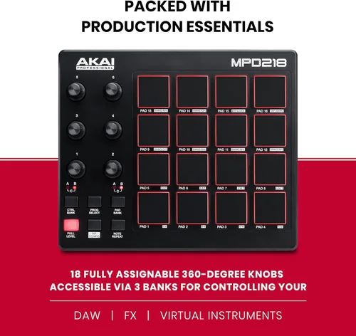 Vista 3 de AKAI Professional MPD218 - Controlador MIDI alimentado por USB con 16 almohadillas de tambor MPC, 6 perillas asignables, botones de repetición