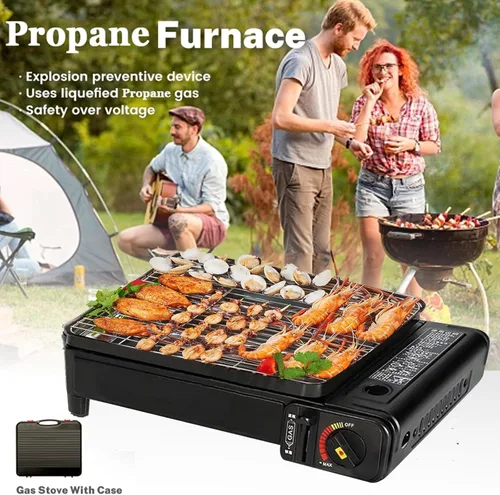 Vista 5 de Estufa de butano portátil – Estufa de gas compacta con rejilla desmontable + funda de transporte duradera Barbacoa de mesa de combustible doble