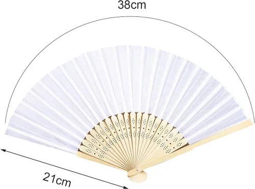 Vista 2 de 2 ventiladores plegables blancos, abanicos de mano para mujeres, abanicos plegables de bambú, tela de seda, ventilador plegable de mano chino