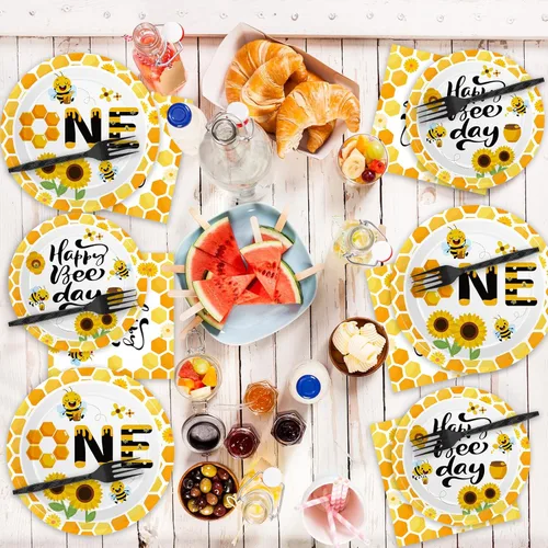 Vista 6 de Qyeahkj Juego de 100 platos de papel y servilletas de abeja, suministros para fiesta de primer cumpleaños, suministros para el primer cumpleaños