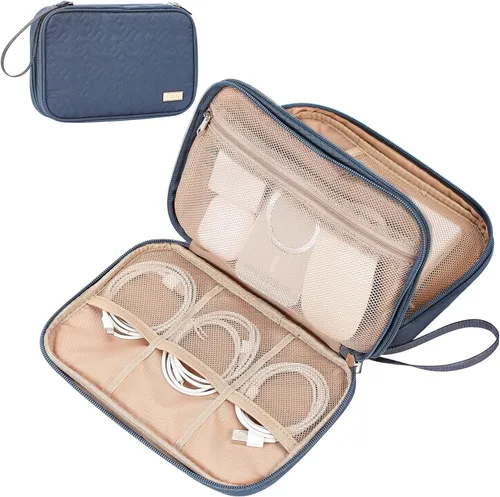 NISHEL Funda organizadora de cables de viaje, bolsa electrónica de doble capa, esenciales para cargador, cable, teléfono, unidad flash, grande, azul