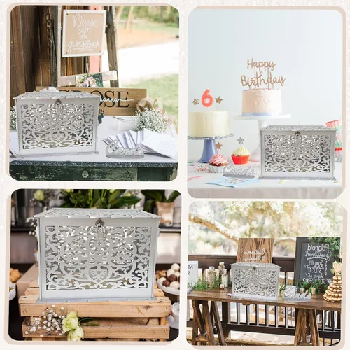 Vista 8 de Caja de tarjetas de boda marrón OurWarm con ventana de acrílico, caja de tarjetas de regalo de madera para decoraciones de recepción de boda, caja