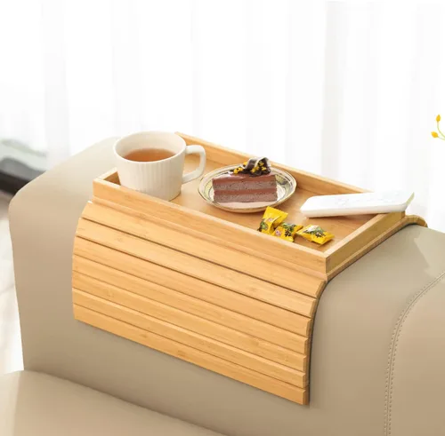 Vista 11 de GEHE Bandeja de madera de acacia para sofá, mesa auxiliar plegable para el brazo del sofá, mesa auxiliar con reposabrazos anticaídas, soporte