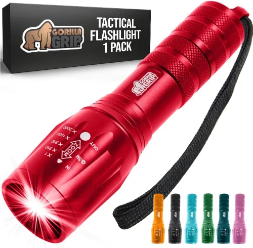 Vista 13 de Gorilla Grip Paquete de 2 linternas tácticas LED de mano, altos lúmenes, ultra brillantes, 5 modos, resistente al agua de larga duración, linternas