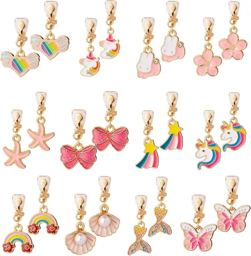 PASEMM 12 pares de aretes de clip para niños, bonitos diseños de unicornio, joyería de aleación de vestir sin perforaciones para niñas de 4 a 12