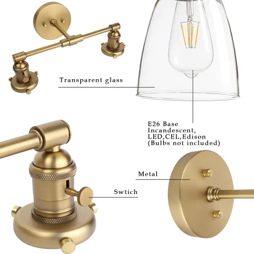 Vista 8 de Phansthy Apliques de pared industriales retro de 2 luces, lámpara de tocador de baño, lámpara de pared con doble pantalla de vidrio transparente