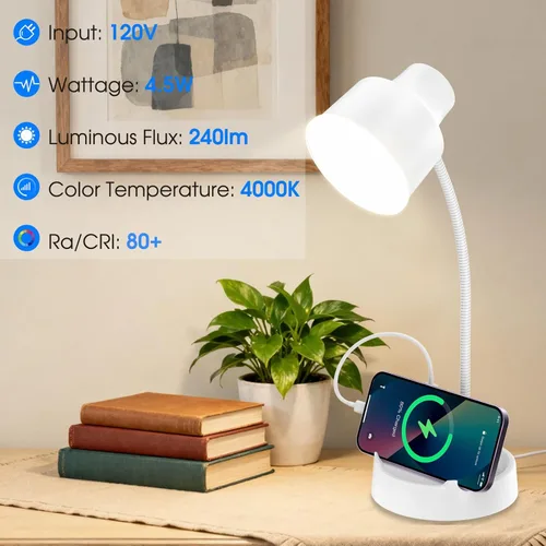 Vista 5 de Lámpara de escritorio LED Energetic con soporte para teléfono, lámpara de mesa con toma de corriente, cuello de cisne flexible ajustable, 4000K, luz