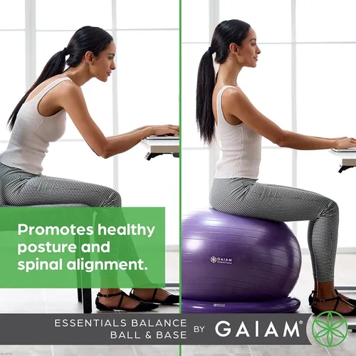 Vista 2 de Kit de pelota de equilibrio y base Gaiam Essentials, silla de pelota de yoga de 65 cm, pelota de ejercicio con base de anillo inflable