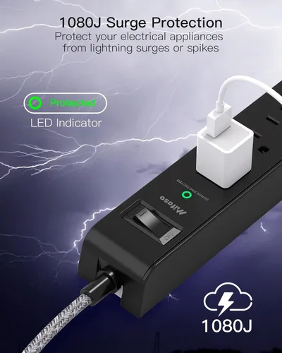 Vista 6 de 2 Pack 10Ft Extension Cord with Multiple Outlets, Surge Protector Power Strip with 6 Outlets 4 USB Ports, Flat Plug, Wall Mount for Home Office