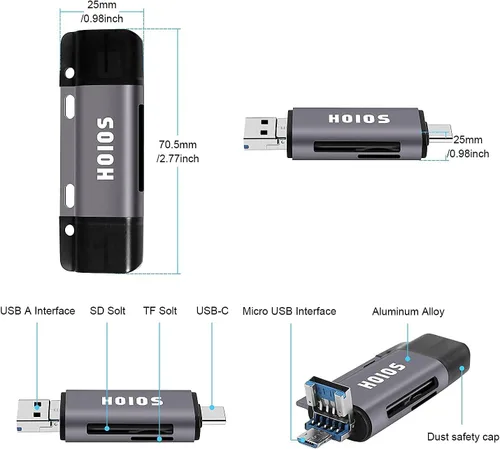 Vista 4 de Lector de tarjetas SD USB-C, lector de tarjetas de memoria 3 en 1 con tres conectores, adaptador de lector de tarjetas USB 3.0 para SDXC, Micro