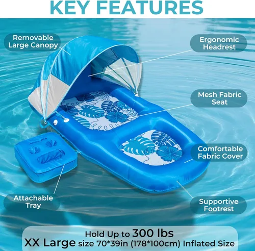 Vista 2 de Fabric Covered Inflatable Pool Lounger Float Adult, 70"x39" Extra Large Pool Float w/ UPF50+ Sunshade Canopy & Cupholder Caddy, Water Floaties Raft