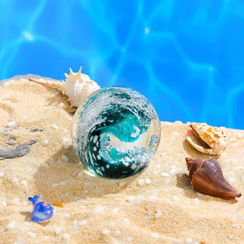 Vista 3 de Bola de vidrio soplado a mano, olas del océano, pisapapeles, decoración de cristal de mar, bola de burbujas de cristal para dormitorio, hogar, Azul