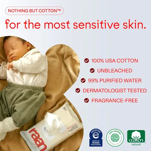 Vista 3 de Raan, 100% Cotton Baby & Toddler Wipes, Unbleached, 99% Purified Water, Unscented, EWG verified, Made for Sensitive Skin, Extra Soft and Durable, 12
