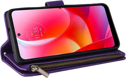 Vista 6 de LBYZCASE Funda para Moto G Play 2023 con ranuras para tarjetas, función atril, cierre magnético, de cuero, con cremallera, correa de muñeca