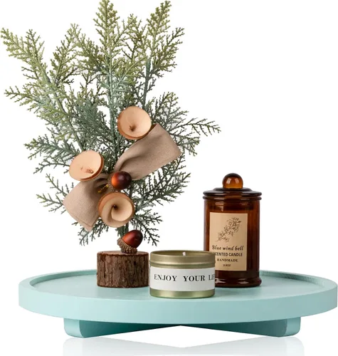 Vista 27 de Bandeja Decorativa Redonda de Madera Organizador de Encimera de Baño Decoración de Cocina Rústica Elevador de Madera para Jabonera, Perfume, Vela