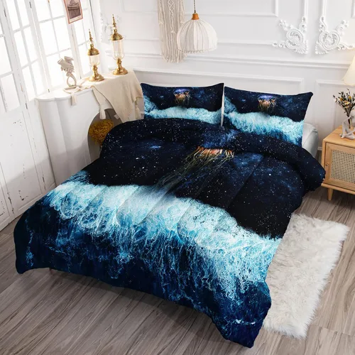 Vista 2 de BSNTHO Edredón de medusas para niños y niñas, tamaño individual, juego de edredón para niños con estrellas y océano, juego de ropa de cama impreso