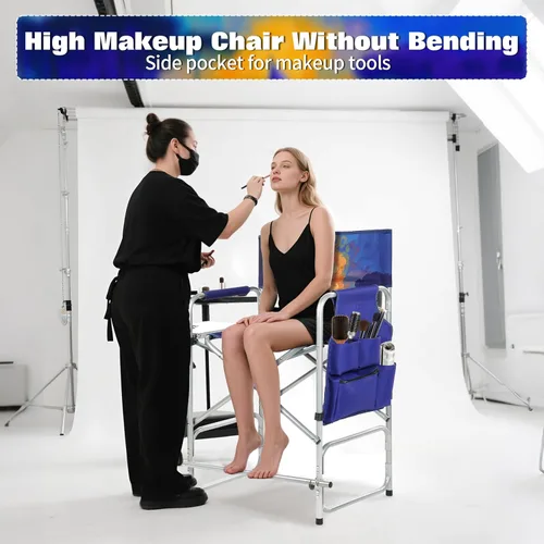 Vista 5 de Silla plegable alta de directores con mesa auxiliar de 41 pulgadas de altura del asiento, silla de campamento plegable, taburete de bar