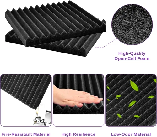 Vista 4 de Paquete de 52 paneles de espuma acústica, 1 x 12 x 12 pulgadas, paneles de pared de espuma acústica de absorción de sonido (negro)