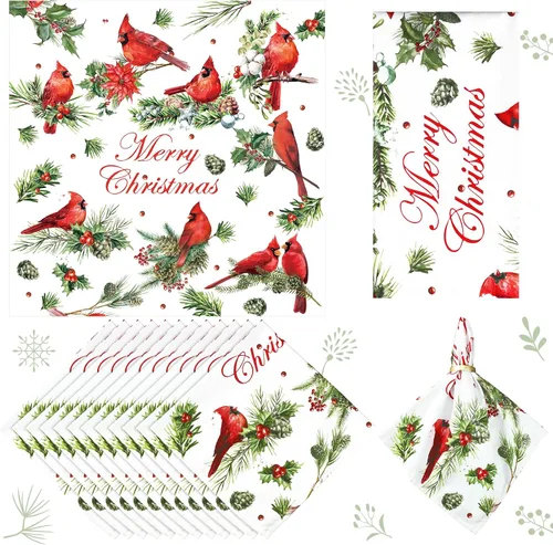 Qeeenar Juego de 12 servilletas de tela de Navidad Cardinal rojo de 50,8x50,8 cm servilletas lavables para cena y invitados para suministros de