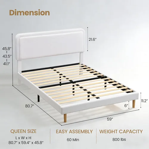 Vista 2 de Base de cama de nube de tamaño Queen con cabecera tapizada ajustable, marco de cama Queen moderno con cabecero, marco de cama tapizado de boucle
