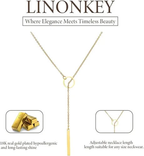Vista 5 de LINONKEY Lariat - Collar de oro para mujer, moderno, chapado en Y, collar circular de oro de 14 quilates, no se deslustra, delicado collar de oro