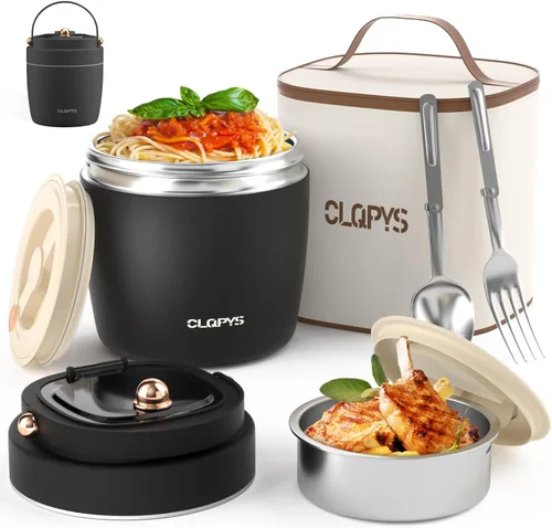 Vista 10 de Tarro de alimentos aislado al vacío de acero inoxidable de 40 onzas para adultos, recipiente de almuerzo de boca ancha con cuchara, tenedor y bolsa