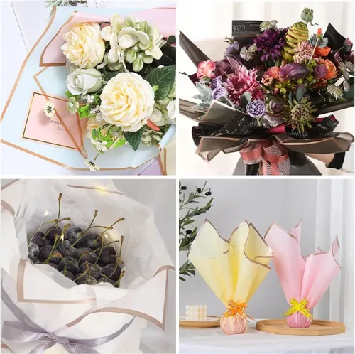 Vista 5 de KIMOBER 60 hojas de papel de regalo de flores con borde dorado, 10 colores impermeables, suministros de ramo de floristería con cinta para embalaje
