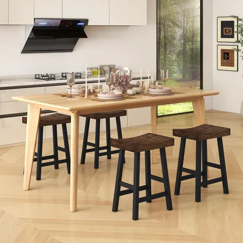 Vista 8 de GOFLAME Juego de 2 taburetes de bar de 24 pulgadas, taburetes de bar industriales con asiento de sillín, marco de madera maciza y reposapiés, sillas