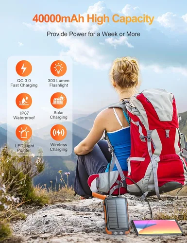 Vista 2 de Cargador solar, cargador portátil inalámbrico de 40000 mAh, QC3.0 PD de 20 W, carga rápida con entrada USB-C, batería externa con linternas duales