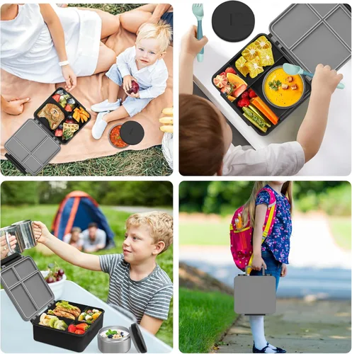 Vista 8 de Aimsnk Caja de almuerzo Bento para niños con termo para sopa de 8oz, contenedores de almuerzo a prueba de fugas para niños con 4 compartimentos