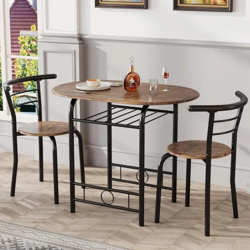 Vista 2 de JUMMICO juego de mesa redonda de 3 piezas de madera y sillas, mesa de grano de madera para ahorrar espacio en la cocina, rincón de desayuno