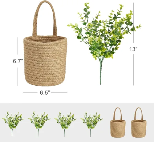 Vista 9 de Dahey Cesta de cuerda de algodón empalmada de yute para plantas y paquete de 2 cestas de cuerda para colgar en la pared con eucalipto artificial