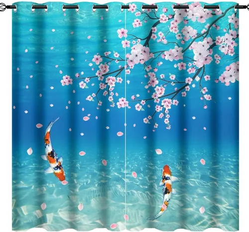 Vista 27 de Cortinas retro de pez japonés para dormitorio, estilo rústico, asiático, japonés, flor de cerezo, aislamiento térmico, oscurecimiento
