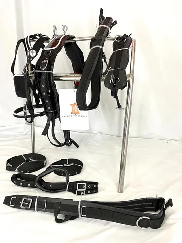 Vista 6 de Arnés de conducción de nailon de charol negro para carro de caballo individual con ribete blanco (matrimonial, mazorca, poni, shetland y mini)