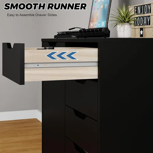 Vista 5 de Panana Cómoda de 5 cajones con 1 puerta, cómoda de madera con cajones y ruedas, gabinete de almacenamiento para oficina y dormitorio (Negro-S)