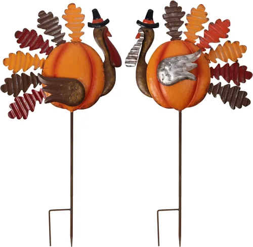 Lulu Home Decoraciones de pavo de Acción de Gracias, juego de 2 estacas de pavo de metal, decoración de otoño, decoración de otoño para exteriores